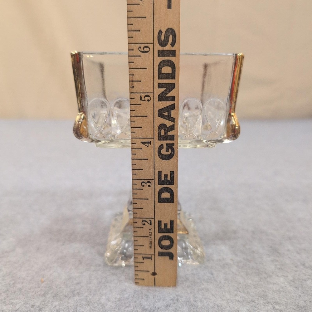 Vintage Clear Pressed Glass Square Pedestal Dish Gold Trim Thumbprint Pattern - Picture 6 of 9